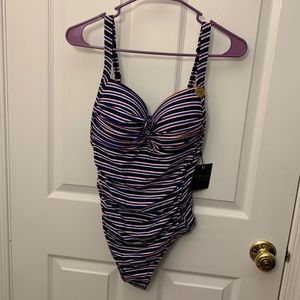 NWT Nip Tuck one piece swimsuit black+red+blue+white stripes size US 10/AUS 14